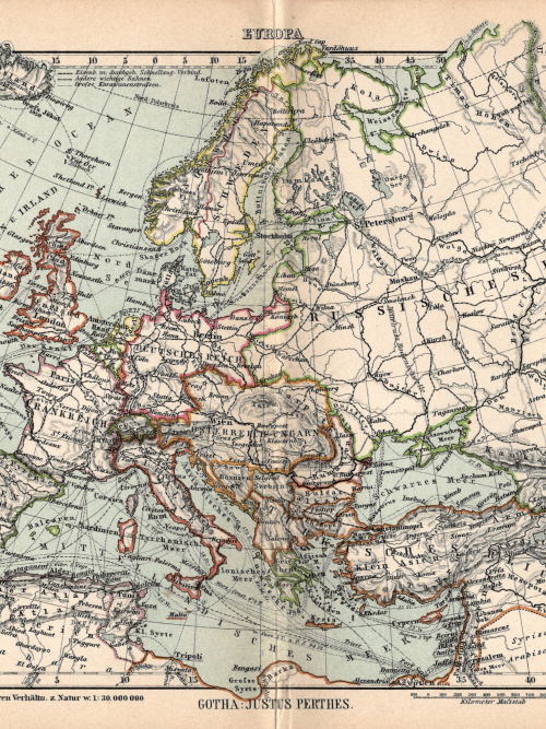 Vintage Europe map from 1897 showing borders and regions in detailed antique style.