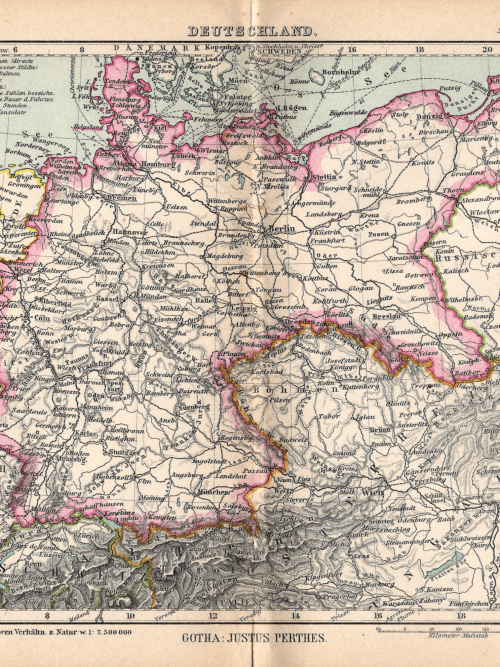Germany 1897 historical map from Mistward Maps collection. Detailed vintage map of Germany circa 1897, showcasing borders and regions.