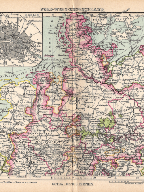 Detailed map of North-West Germany circa 1897, showcasing regional boundaries and cities.