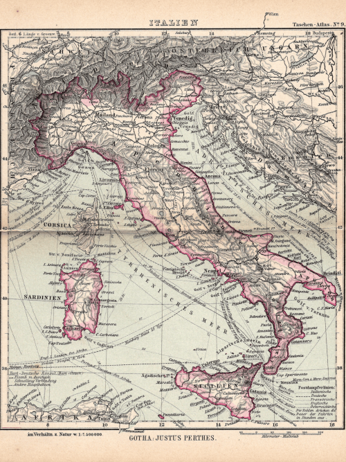 Vintage map of Italy from an old atlas, showing regions and geographical details.