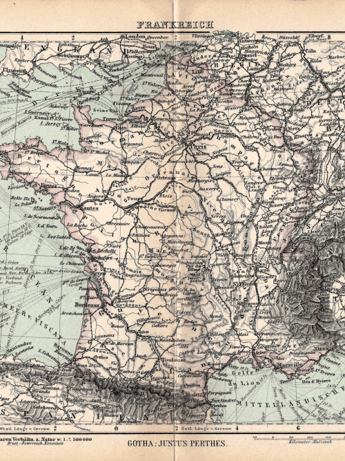 Detailed vintage map of France circa 1897, showcasing regional borders and geographic features.