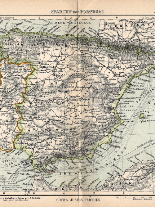 Historical map of Iberian Peninsula, showing borders and geographic features from 1897.