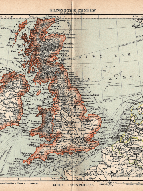 Historische Karte der Britischen Inseln aus 1897, detailreich und gezeichnet.
