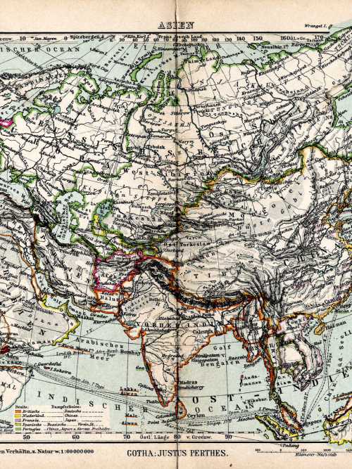 Detailed vintage map of Asia, circa 1897, showcasing borders and regions in France.
