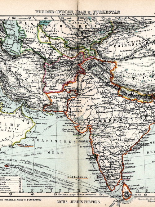 Detailed vintage map of India from 1897, highlighting regional borders and geographic features.