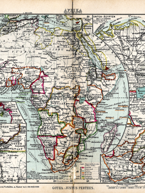 Ancient Africa map from 1897 highlighting colonial borders and geographic details.
