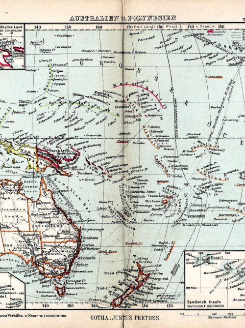 Vintage Australia map from 1897 highlighting regions and exploration routes.