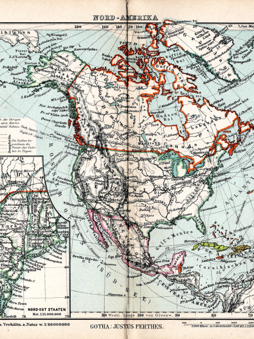 Historical map of North America, focusing on Canada and the northern United States.
