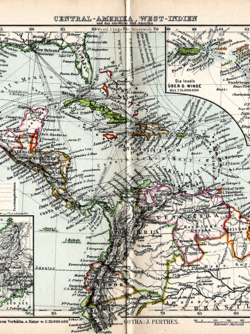Detailed vintage map of Central America and the Caribbean, circa 1897, showcasing borders and geogra.