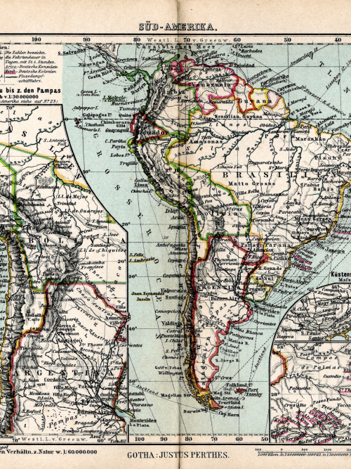 Detailed vintage map of South America from 1897, highlighting territorial borders and geographic fea.