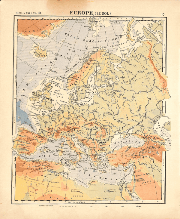 Detailed topographical map of Europe highlighting terrain features and elevation.