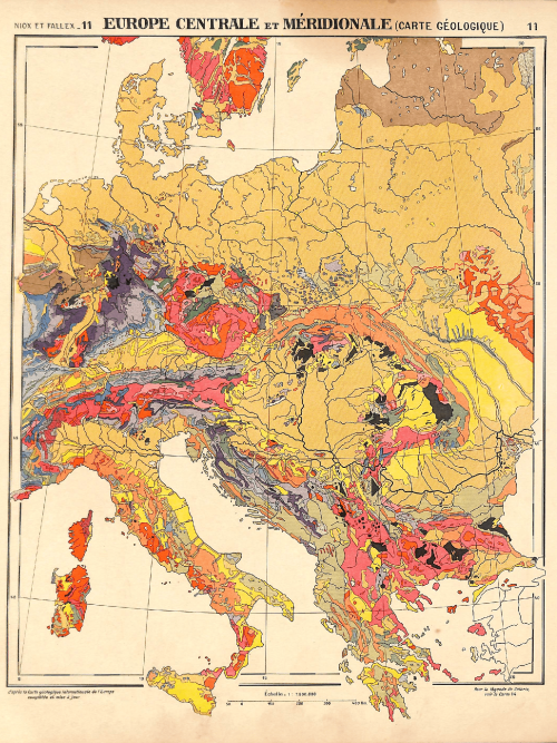 Geological map of central and southern Europe highlighting rock formations and fault lines.