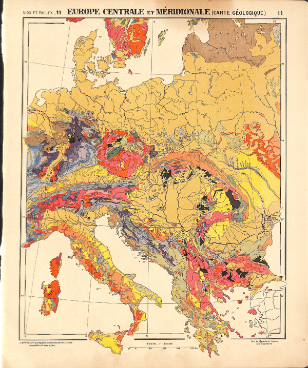 Geological map of central and southern Europe highlighting rock formations and fault lines.