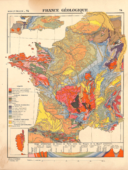 Geological map of France showing rock formations and terrain types.