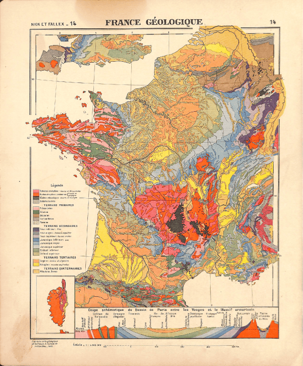 Geological map of France showing rock formations and terrain types.