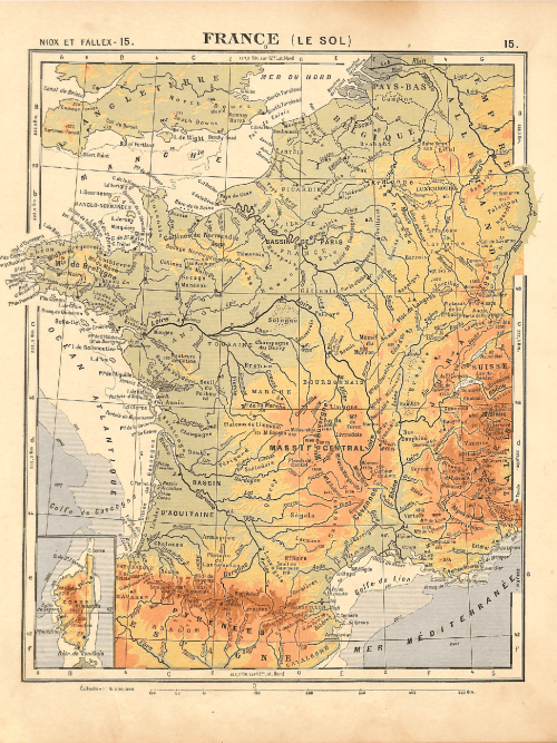 Detailed topographical map of France highlighting elevation and terrain features.