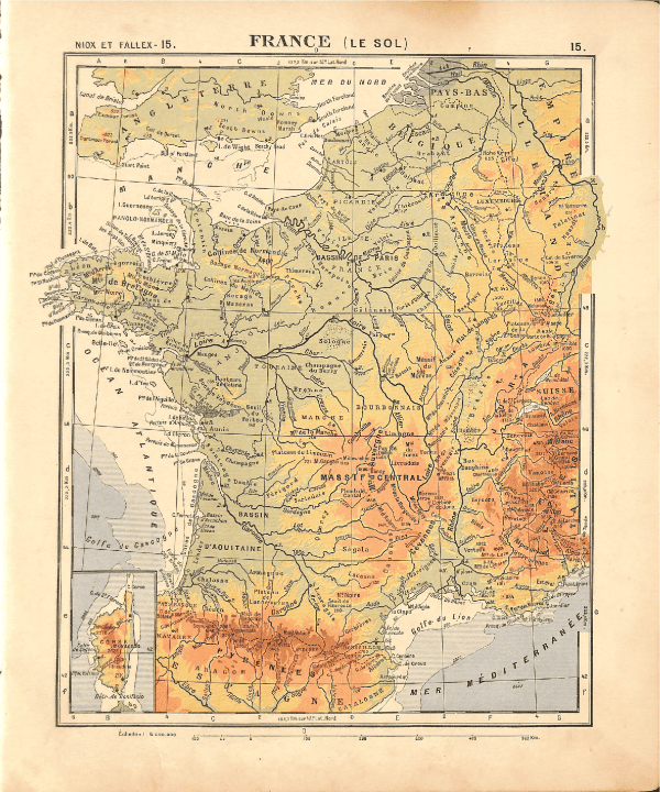 Detailed topographical map of France highlighting elevation and terrain features.
