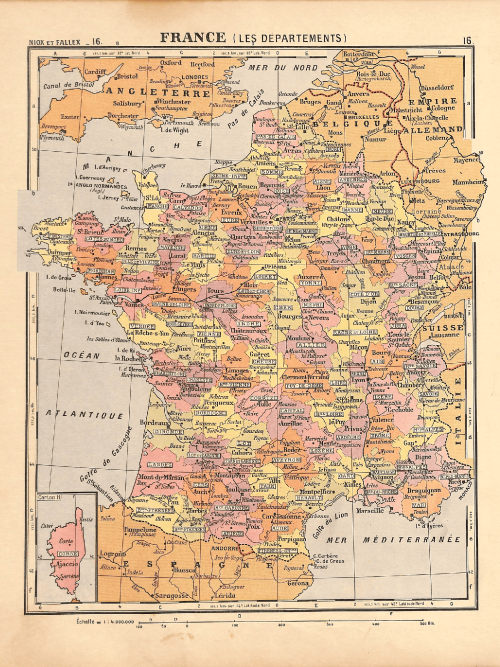 Detailed France administrative map highlighting departments and regional boundaries.