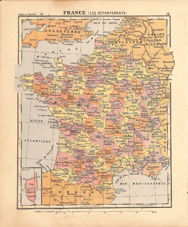 Detailed France administrative map highlighting departments and regional boundaries.