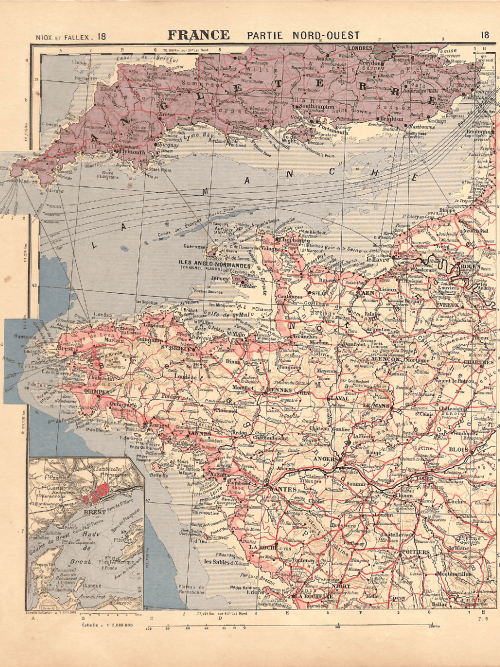 Historical map of northwest France showing regional boundaries, cities, and transportation routes.