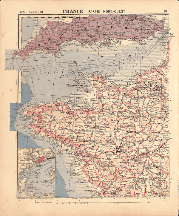 Historical map of northwest France showing regional boundaries, cities, and transportation routes.