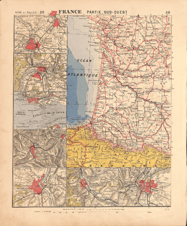 France - Southwest Map for Mistward Maps, detailed regional navigation. Historical map of Southwest France highlighting key cities and routes.