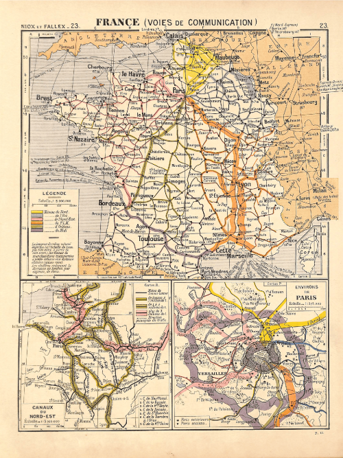 Map of France's transport infrastructure including roads, railways, and communication routes.
