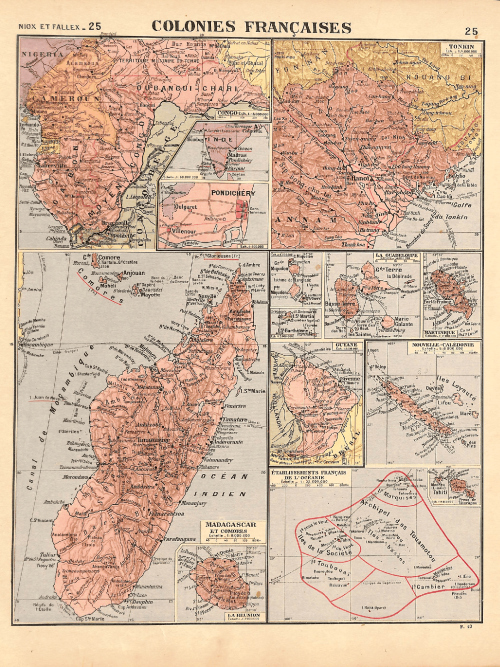Historical map of French colonies in Africa, Asia, and the Pacific.