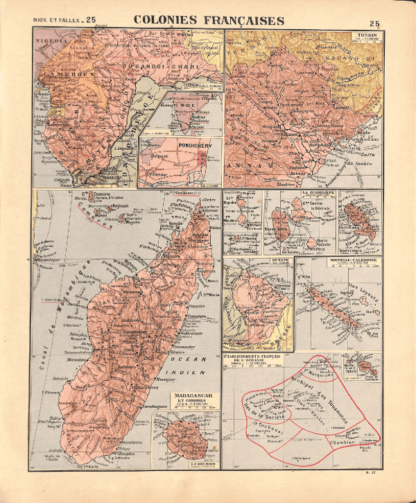 Historical map of French colonies in Africa, Asia, and the Pacific.