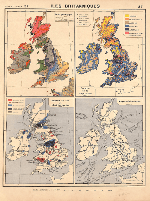 Geological and demographic maps of the British Isles with industry and transport details.