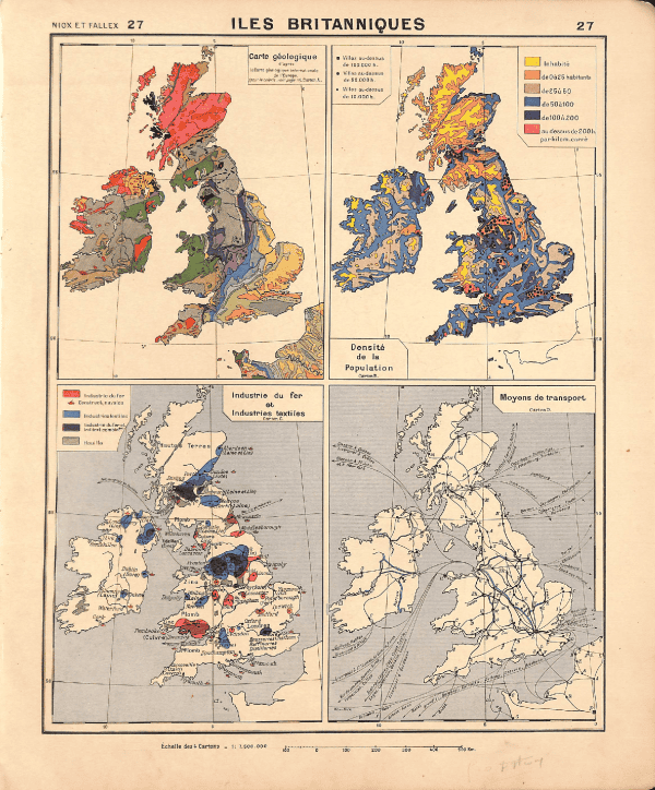 British Isles 4-in-1 map showcasing geological, population density, industry, and transport data. Geological and demographic maps of the British Isles with industry and transport details.