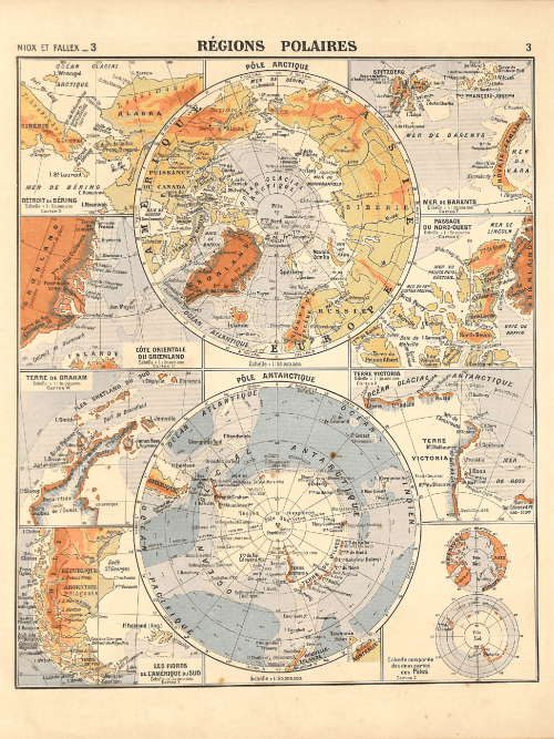 Polar regions map highlighting Arctic and Antarctic areas with detailed geographic features.