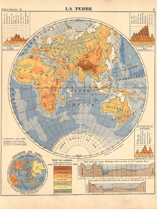 Historical map of the Eastern Hemisphere with elevation and climate data.