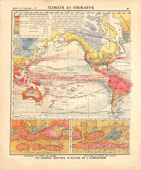 Detailed vintage map highlighting climate regions across Asia, Africa, and Australia.