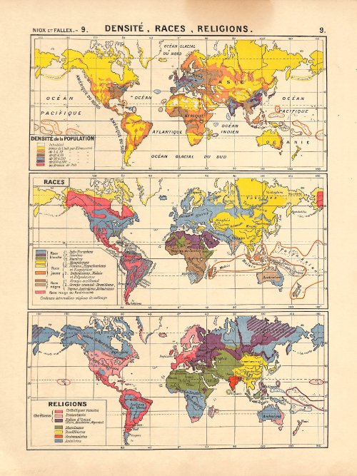 Detailed world map showing population density, racial distribution, and religious affiliations.