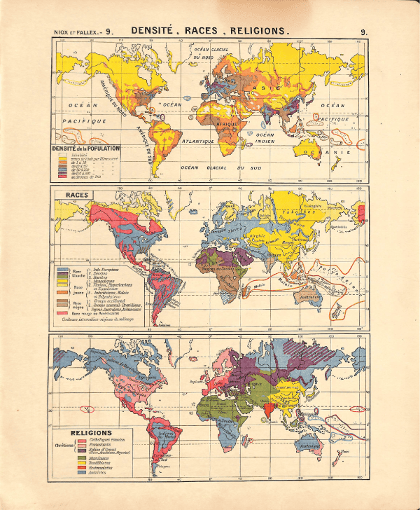 Detailed world map showing population density, racial distribution, and religious affiliations.