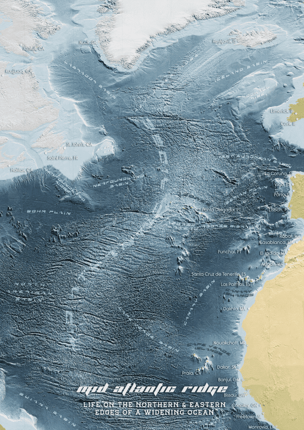Map of the Mid Atlantic Ridge showing underwater mountain range and tectonic plates.